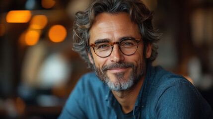 Obraz premium close up of smiling entrepreneur with glasses, showcasing confidence and success in warm, inviting environment. soft lighting enhances positive atmosphere