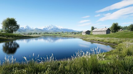 Serene mountain lake farm