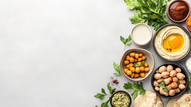 Traditional Middle Eastern breakfast of hummus foul falafel and zaatar Top view with space for text