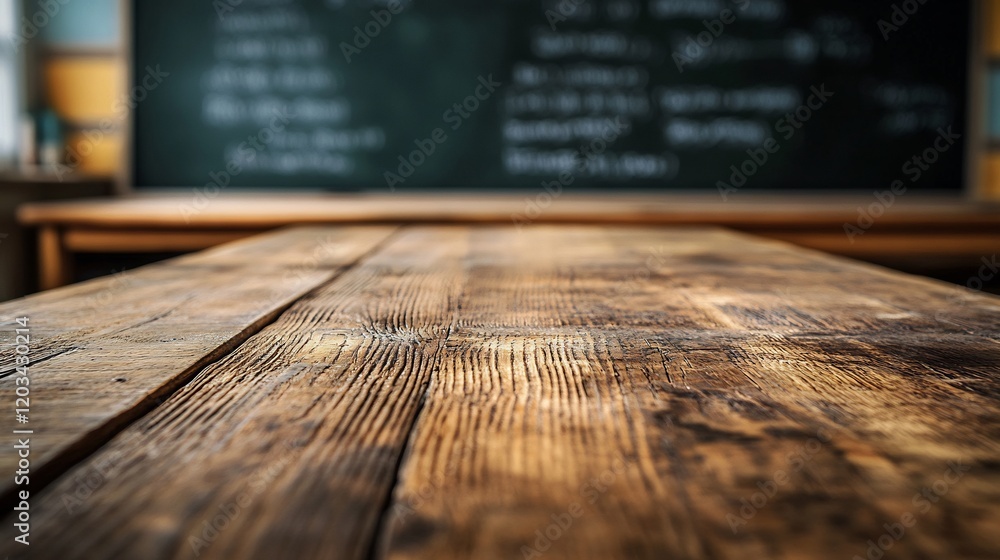 Aufkleber warm wooden tabletop set in a vibrant school classroom with a blackboard backdrop the empty countert