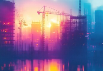 Urban Construction Site at Dawn with Cranes and Buildings Amidst Colorful Mist, Showcasing the Beauty of City Development and Industrial Growth in a Dreamlike Atmosphere