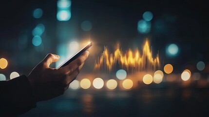 Investor's hand interacting with smartphone displaying upward stock chart, symbolizing dynamic financial growth and market engagement