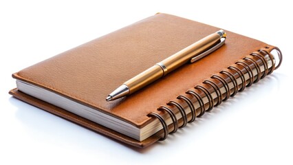 Close-up of a brown notebook and pen, pristine white backdrop.  Classic still life, perfect for minimalist designs.