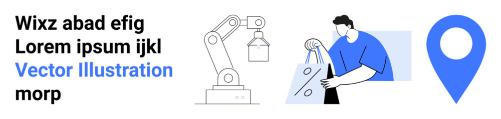 Industrial robotic arm moving items, man operating laptop, and large blue location pin. Placeholder text. Ideal for technology, automation, industry, remote work, navigation logistics software