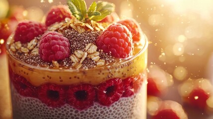 Chia pudding jar with raspberries granola honey closeup