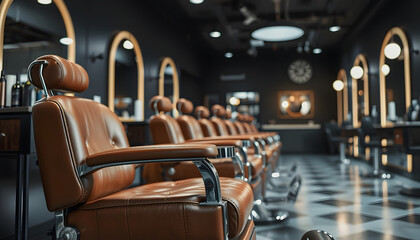 Brown leather barber chair in a barbershop. Luxury barbershop, enhance, with white tones