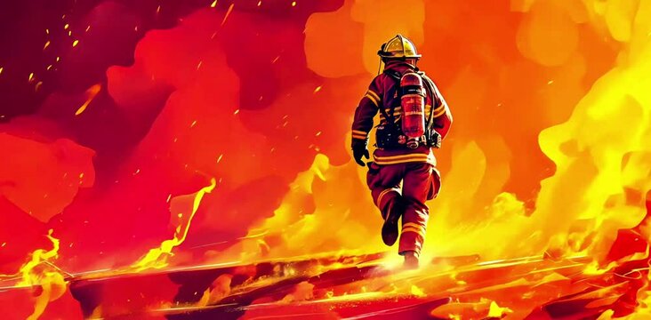 Firefighter Running into Flames: A brave firefighter in full gear, runs towards raging inferno, a dramatic depiction of courage and selflessness in the face of danger.  