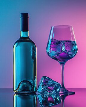 a wine bottle with a color glass cold of gin on ice Colorful wine bottle and glass with ice cubes.