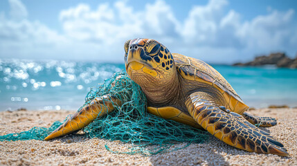 Sea turtle entangled in fishing net in water. Plastic net that kills sea turtles and other marine animals. Pollution on marine environments and wildlife. Concept of environmental conservation, ecology