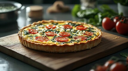 Photorealistic closeup of vegetable quiche with spinach and feta