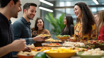 Office celebration of an international food fair, vibrant dishes, diverse cultural attire, fostering inclusivity and teamwork among coworkers