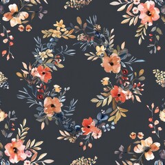 flower round wreath 2D illustration watercolor seamless pattern frame border dark background