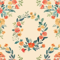 flower round wreath 2D illustration watercolor seamless pattern frame border soft white background vintage