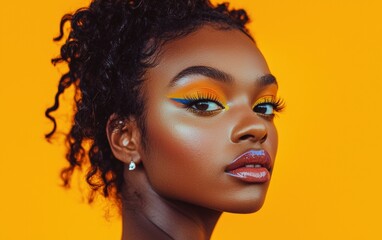 Obraz premium A close-up portrait of a young woman with vibrant makeup, set against a bright yellow solid-colored background.