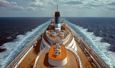 A 1960s cruise ship features white streamlined upper decks with teak wood and two blue funnels in the sunlight