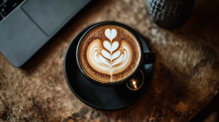 Artistic Latte with Heart Design on Wood Table Next to Laptop