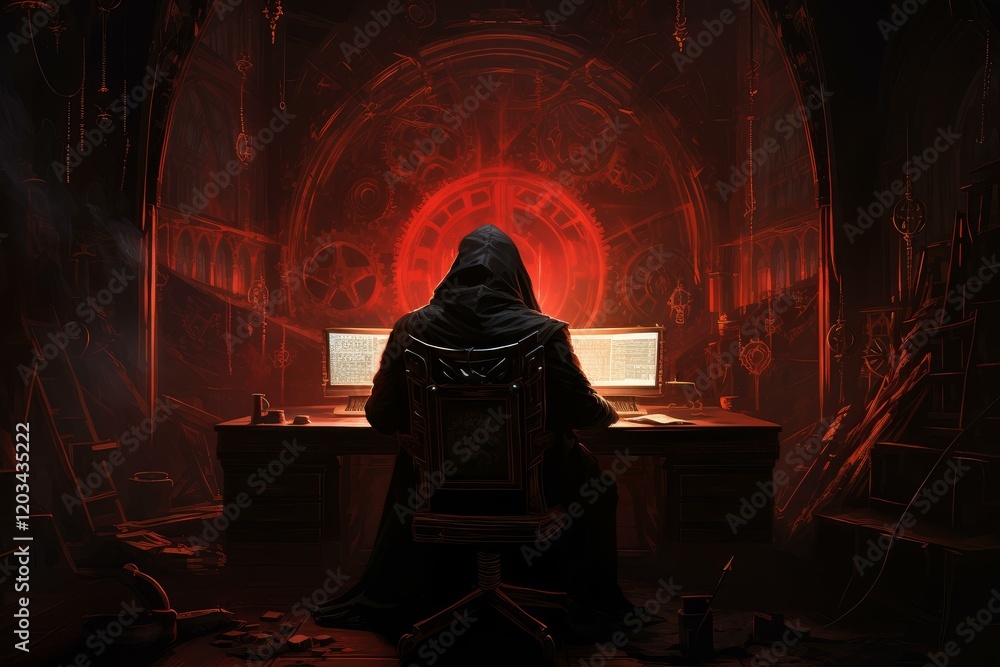 Poster monk in a dark robe programming on computers in a gothic scriptorium illuminated by a mysterious red