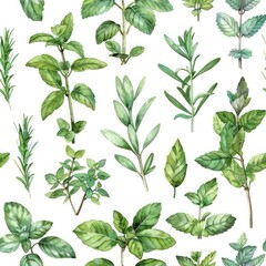 green leaf herb watercolor basil mint rosemary seamless pattern on white background