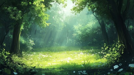 Obraz premium Lush forest clearing under soft sunlight, empty space above for text 