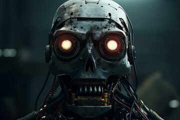 Fototapeta premium Metallic robot skull showing glowing red eyes, wires and metal teeth in futuristic, dark setting