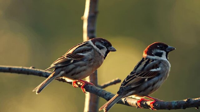 A pair of sparrows sitting on a branch under golden sunlight

