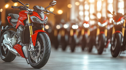New modern touring bike red colored is standing in a moto store ready for sale. Touring bikes parked in a motorcycle shop with blurred background. Touring bikes designed for long-distance travel.