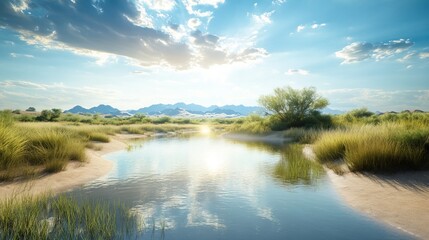 Obraz premium Desert Oasis Serenity, vibrant blue waters reflecting palm trees, a tranquil escape amidst golden sands, a haven for wildlife and relaxation