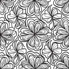 Black clover leaves on white background. St.Patrick 's Day. Isolated on white background. Abstract graphic black-white stock illustration. Template for coloring, textures and another design.