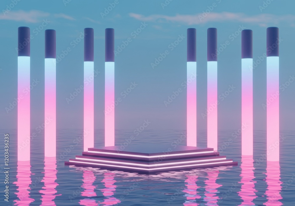 Poster a 3d illustration of a futuristic platform surrounded by vertical light columns in a reflective wate