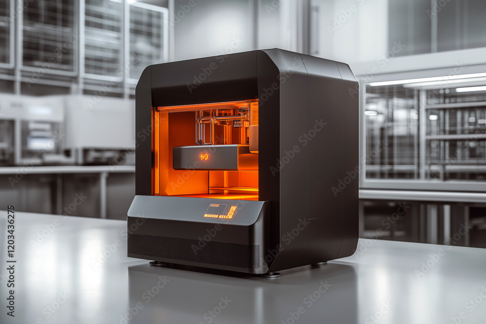 Poster a fully automated industrial 3d printing machine in a factory setting.