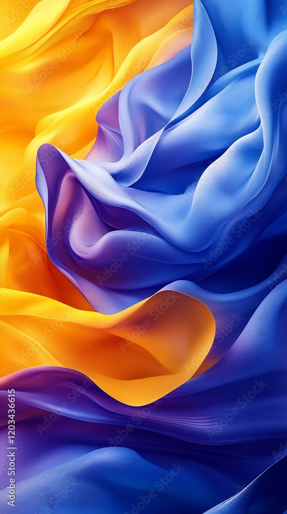 Poster abstract flowing blue yellow curves create a dynamic digital art scene with soft fluid lines and vib