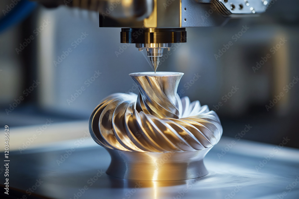 Poster top-down view of a 3d printer working on a spiral vase with a metallic finish.