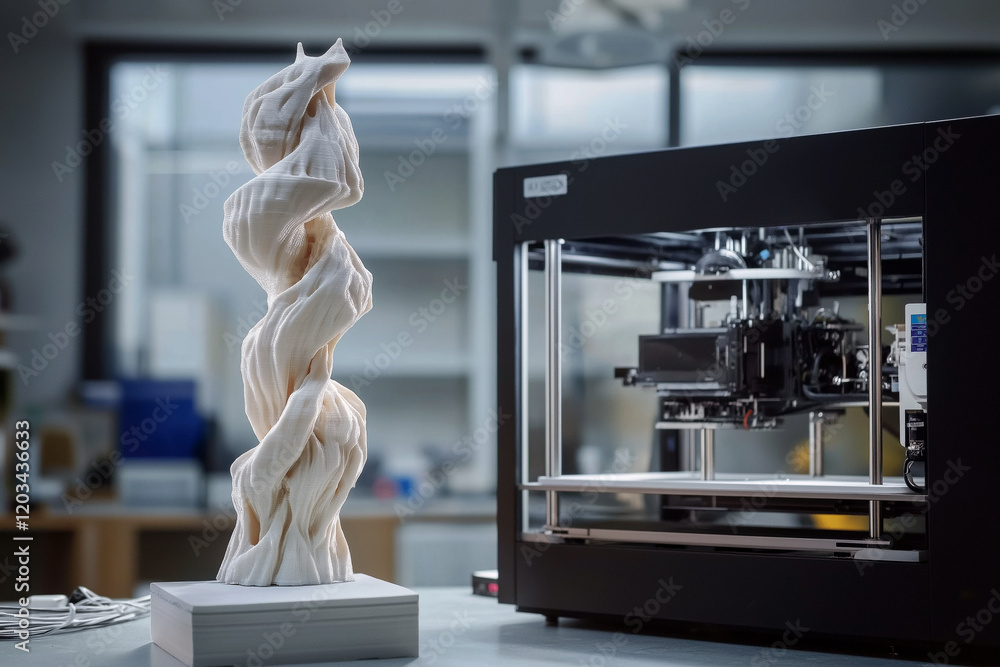 Poster an artistic shot of a 3d-printed sculpture next to a running 3d printer.
