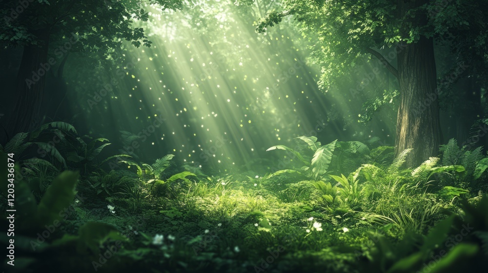 Poster lush forest clearing under soft sunlight, empty space above for text