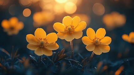 Fototapeta premium yellow flowers in a meadow during sunset