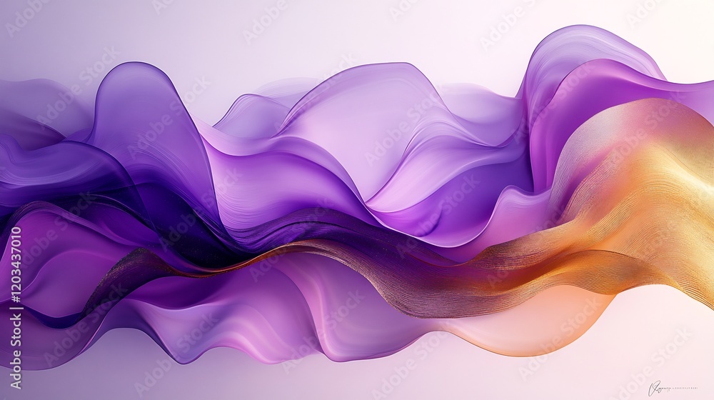Poster abstract flowing curves shades of violet and gold featuring soft fluid lines and dynamic gradient co