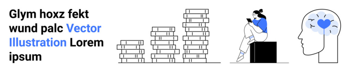 Woman reading among stacks of books, accompanied by conceptual illustration of head filled with idea symbols. Ideal for education, inspiration, creativity, innovation, self-improvement, knowledge