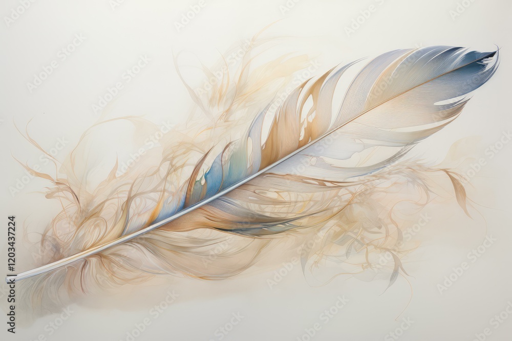 Poster delicate feather with blue and brown hues floating on a soft, ethereal background, creating a serene