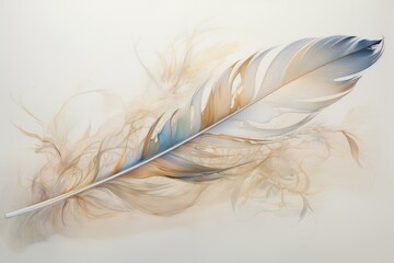 Obraz premium Delicate feather with blue and brown hues floating on a soft, ethereal background, creating a serene and artistic composition