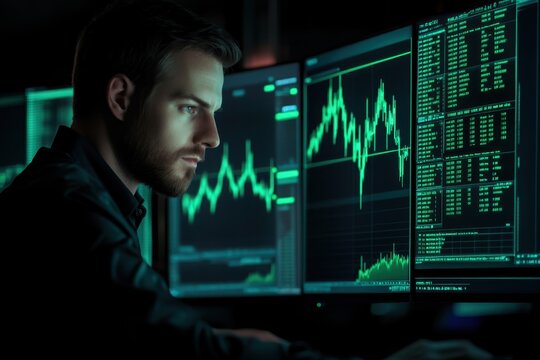 Young man analyzing green stock charts on monitors	 - Powered by Adobe