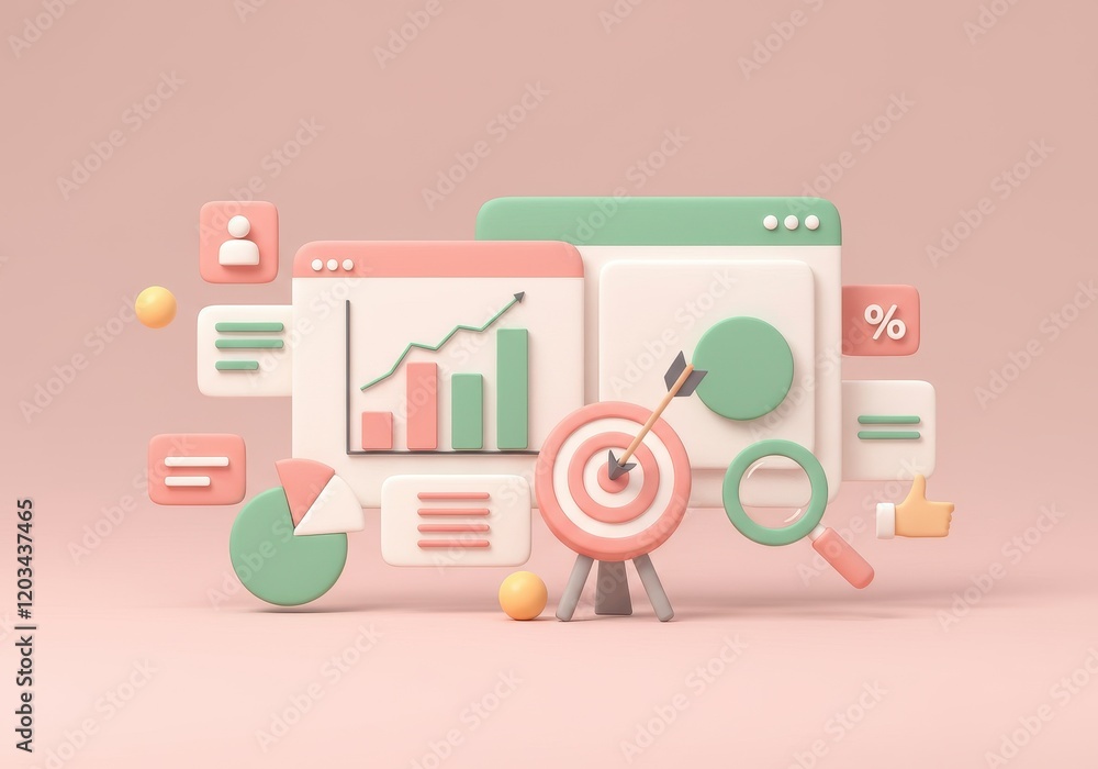 Poster a 3d illustration of a data dashboard concept including bar charts, a target with an arrow, graphs a