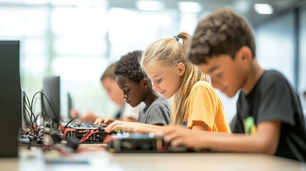 Collaborative Coding in STEM, a diverse group of students engaged in teamwork, problem-solving, and innovation in technology education