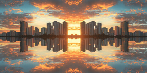 Obraz premium City Skyline with Skyscrapers and Sunset Reflection on Water