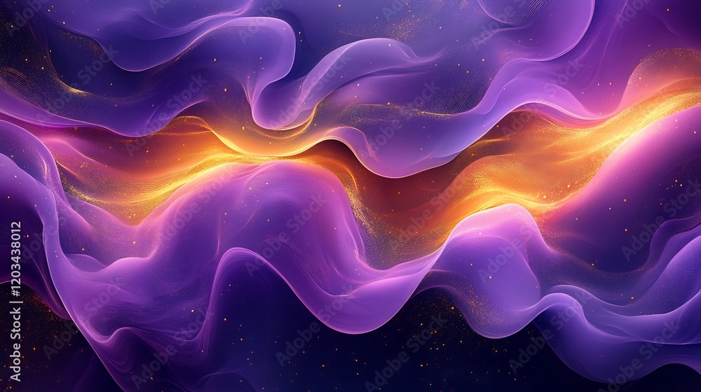Poster abstract flowing curves shades of violet and gold featuring soft fluid lines and dynamic gradient co