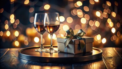 Elegant dark platter, wine glasses, and a bottle of wine create a romantic, celebratory double exposure.