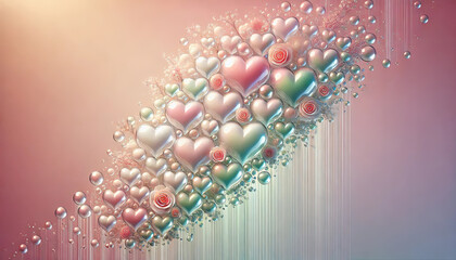 バレンタインの愛と感謝を象徴する背景画像.
結婚式やプロポーズのイメージに最適.
空間を活かしたエレガントな背景.
特別な日のための温かなデザイン.
ハートと自然が融合したデザイン.
カード、招待状、ウェルカムボードに最適化したデザイン.
記念日を彩る特別なデザイン.
generated by AI.
