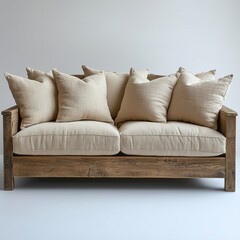 Rustic Wooden Frame Sofa isolated on a plain white background