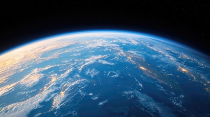 Fototapeta premium Earthrise view from space, sunrise over continents, clouds, atmospheric glow, for environmental documentaries