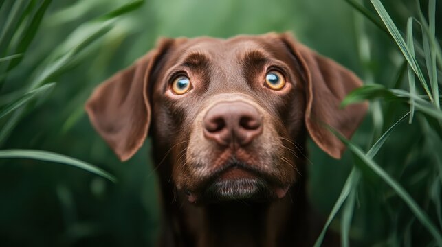 A charming close-up of a brown dog looking through vibrant green grass, conveying innocence and curiosity while capturing the essence of nature's beauty.