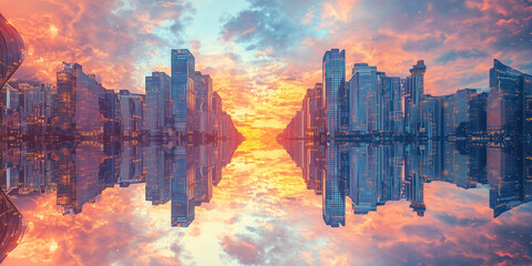 Obraz premium City Skyline with Skyscrapers and Sunset Reflection on Water
